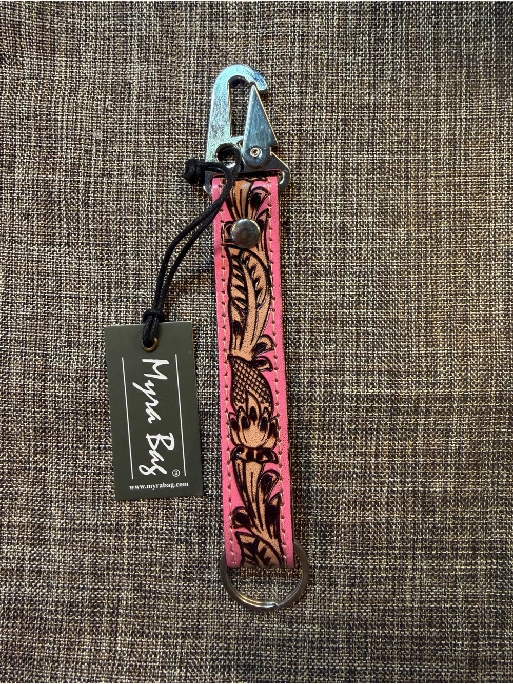 Myra Bag S-9632 Key Fob 7/8” x 1” Leather Hand Tooled Pink Skies Key Fob